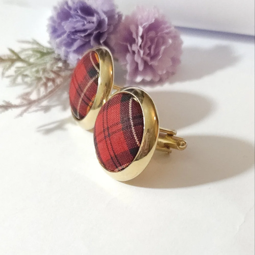 Vintage Tartan Plaid Wool Gold Tone Cufflinks Scottish Style